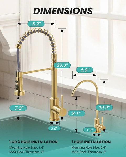 Dimensions of Slick Brushed Gold Kitchen Faucet With Pull Down Sprayer And Reverse Osmosis Drinking Water Tap Stainless Steel.