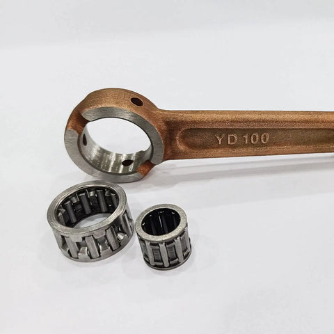 YD100 Connecting Rod With Needle Bearing Set for 2-Stroke Gas Motorized Bicycle, silver rod and bearings visible