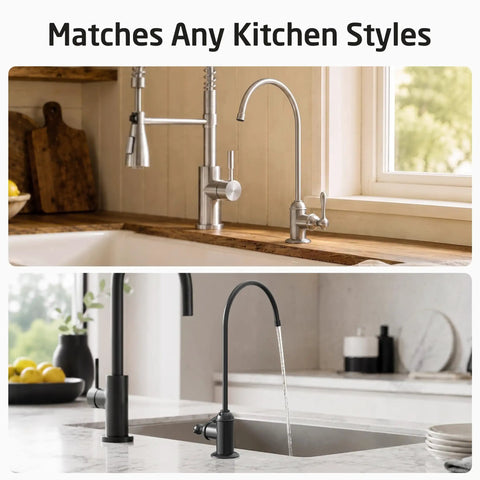 KES NSF Certified All Metal Drinking RO Water Faucet Non-Plastic Connector in silver and black styles for kitchens.