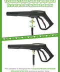 Pressure Washer Gun Set Universal Fit Heavy Duty With 2320 PSI Max 5000 PSI Burst showing side view with adapter for Sun Joe hose.