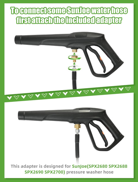 Pressure Washer Gun Set Universal Fit Heavy Duty With 2320 PSI Max 5000 PSI Burst showing side view with adapter for Sun Joe hose.