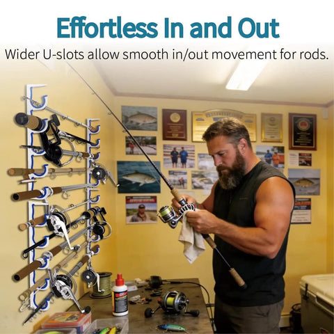 2 Pack 5 Slot Fishing Rod Holder Rack Wall Or Ceiling Mount Heavy Duty Organizer, storing fishing rods in garage.