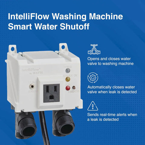 Intelliflow Half Inch Smart Washing Machine Water Shutoff Valve With Leak Sensor And Real Time Text And Email Alerts For Peace Of Mind, Inlet Adapters Included, Flood Detection, Auto Shutoff For Home Protection. White valve front view with hose connections