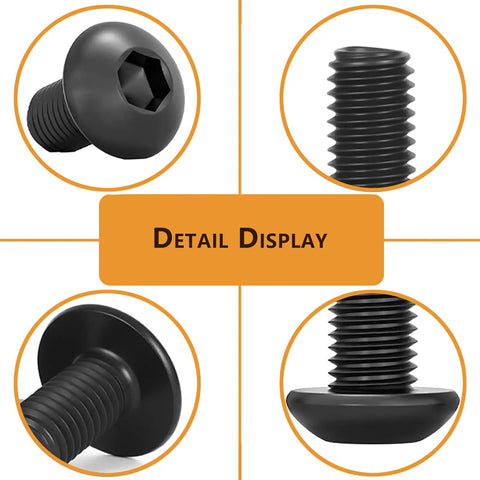 Detailed view of screws from All In One M6 T Nut And Screws Kit For 1010 Aluminum Extrusion, showing black finish and threading.