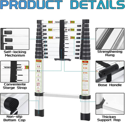 Beefy Telescoping Ladder 20.3 Ft Heavy Duty Aluminum With Non Slip Feet 330 Lb Capacity For Attic Roof RV And Multi Surface Use Portable Safe Durable Construction For Busy Home Or Workshop; folded product details