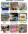 Various market setups showcasing the Built Tough Wood Roll Out Food Cart On Wheels With No Sweat Assembly for street vendors.