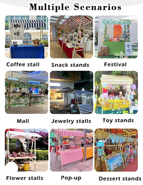 Various market setups showcasing the Built Tough Wood Roll Out Food Cart On Wheels With No Sweat Assembly for street vendors.