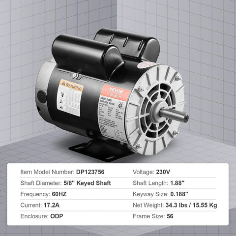 3.7 HP Air Compressor Motor, 3450 RPM, 230V, Single Phase, 2 Pole, 56 Frame, Open Drip Proof, Five Eighths Inch Keyed Shaft