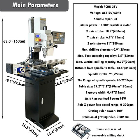 Badass Little R8 Mini Milling Machine With Brushless Motor, 1100W, digital readout, benchtop drill press for precision metal, wood milling.