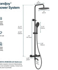 GRANDJOY Exposed Tub and Shower System with Handheld Spray, Matte Black dimensions and installation details illustration.