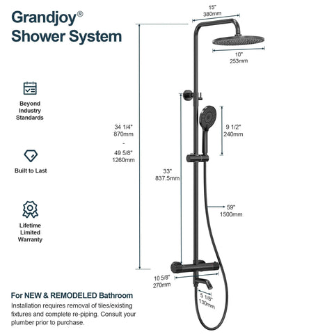 GRANDJOY Exposed Tub and Shower System with Handheld Spray, Matte Black dimensions and installation details illustration.