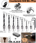 7-piece countersink drill bit set with multiple sizes for woodworking, featuring adjustable collars and hex keys for precision.