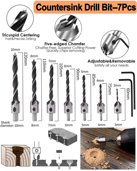 7-piece countersink drill bit set with multiple sizes for woodworking, featuring adjustable collars and hex keys for precision.