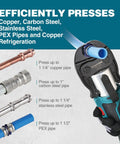 Solid Compact Pex Press Tool Kit For Half Inch Three Quarter Inch One Inch Pex Pipe And Stainless Steel Sleeves, pressing stainless steel and copper pipes.