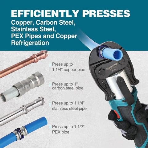 Solid Compact Pex Press Tool Kit For Half Inch Three Quarter Inch One Inch Pex Pipe And Stainless Steel Sleeves, pressing stainless steel and copper pipes.