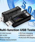 USB Power Meter Tester With 4-25V 5A LCD Display showing voltage and current measurements on a multi-function USB tester.