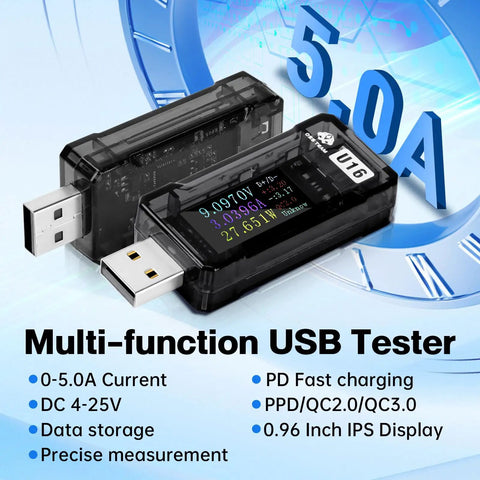 USB Power Meter Tester With 4-25V 5A LCD Display showing voltage and current measurements on a multi-function USB tester.