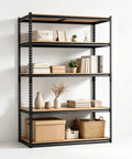 Heavy Duty Five Tier Metal Shelving Unit With Reinforced Steel Frame And Adjustable Thick Mdf Shelves, organized with boxes and decor.