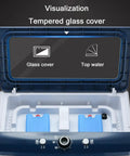 Kick Serious Heat With This Rock Solid Portable Swamp Air Cooler Featuring Multidirectional Oscillation And High Velocity Airflow. Open view of evaporative cooler with tempered glass cover.