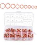 Copper Washers 200-Piece Metric Crush Washer Set For Car And Motorcycle, organized in clear box with size chart.