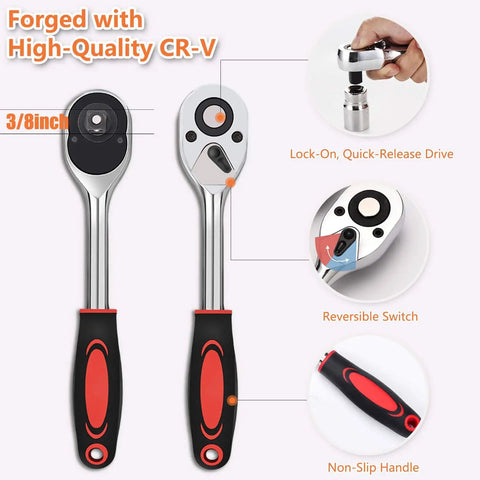 Universal Socket Wrench Tool Kit 7 To 19 Millimeter Socket Grip Set With Three Eighths Inch Ratchet Wrench And Drill Adapter details