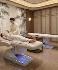 Professional Fully Electric Facial Massage Table With Lift For Estheticians, Dual control for spa treatments in a serene setting.