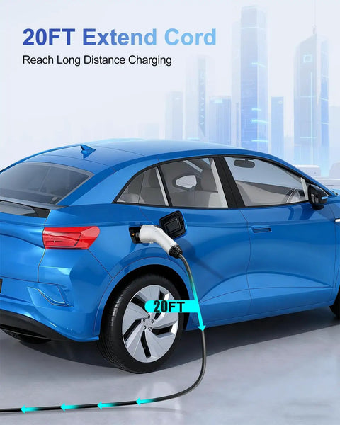 Heavy Duty J1772 EV Charging Extension Cord 21 Feet Of Sweet Reach 32 Amp Plug And Play Cable for charging blue EV.