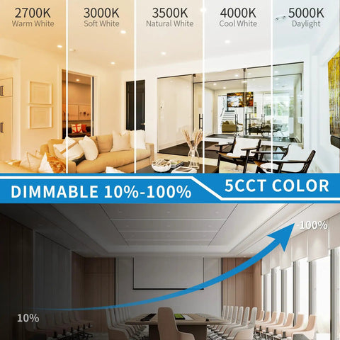 24 Pack 6 Inch Led Recessed Can Lights Sporting A Rock Solid Two Hour Fire Seal And Smooth Baffle Trim For Zero Glare Illumination Selectable 2700K Through 5000K Warm To Daylight Dimmable Downlights Ic Wet Rated Etl Approved displaying various color temperatures and brightness levels.