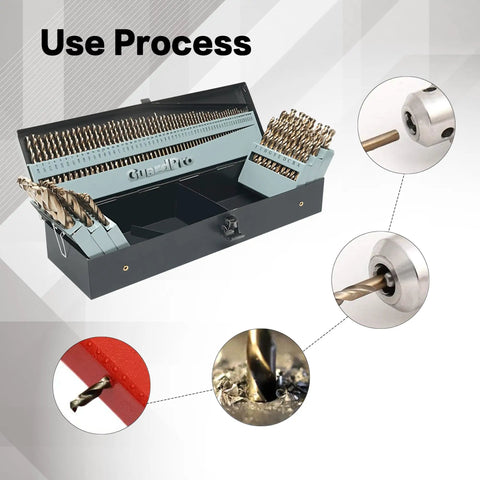 115 Piece Cobalt Drill Bit Set With Pro Grade High Speed Steel And 135 Degree Tip For Hardened Metal Plastic And Wood In A Metal Indexed Storage Case Includes Fractional Sizes One Sixteenth To One Half Inch, Letter A To Z, And Wire Sizes One To Sixty displayed in an open metal case