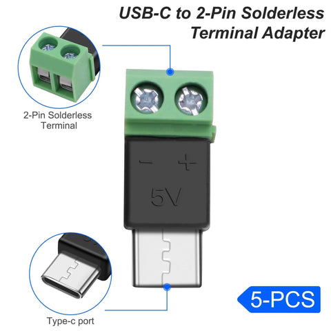 USB Type C Solderless Connector Screw Terminal Adapter USB C Male To 2 Pin Terminal Block 5V Power Output Great For Extension
