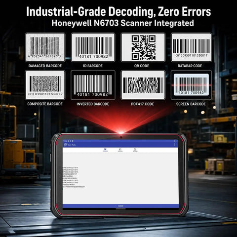Tough As Nails Eight Inch Rugged Android Tablet With Integrated 1D 2D Barcode Scanner showing various barcode types and scanning interface.