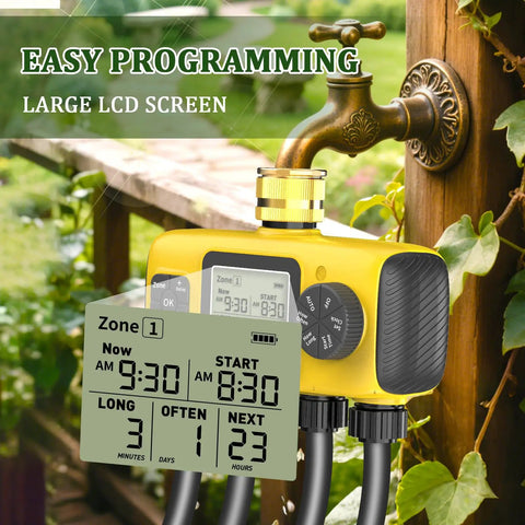 Smart Four Zone Garden Hose Timer with Four Independent Outlets Brass Inlet shown on outdoor faucet with LCD screen