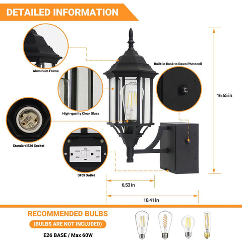Diagram of Dusk To Dawn Sensor Outdoor Wall Lantern With Built In GFCI Outlet, Black No-Nonsense Weatherproof Sconce For Garage Or Front Door