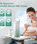Double Wall Vacuum Insulated Breast Milk Cooler Keeps Your Baby Stash Frosty For Over 24 Hours With Premium Steel Core And Leakproof Lid on airplane tray.