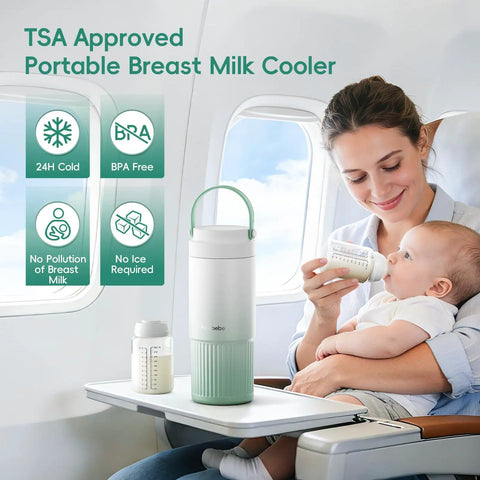 Double Wall Vacuum Insulated Breast Milk Cooler Keeps Your Baby Stash Frosty For Over 24 Hours With Premium Steel Core And Leakproof Lid on airplane tray.