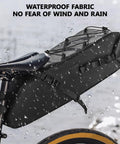 Big Capacity Waterproof Bike Seat Bag 10 To 14L with roll top on bike showing anti slip buckles in rain