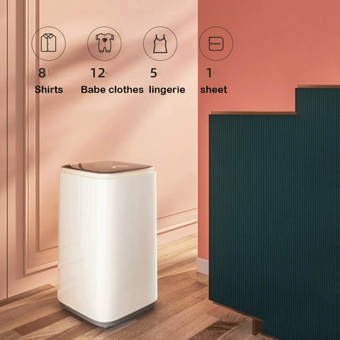 No Sweat Portable Mini Washing Machine With Smart Led Touch Panel And One Click Operation positioned in a stylish room, demonstrating compact size.