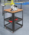 Built Tough Rolling Planer Stand With 550 Lb Capacity Height Adjustable Tool Cart features a jigsaw on a wooden top and storage sections.