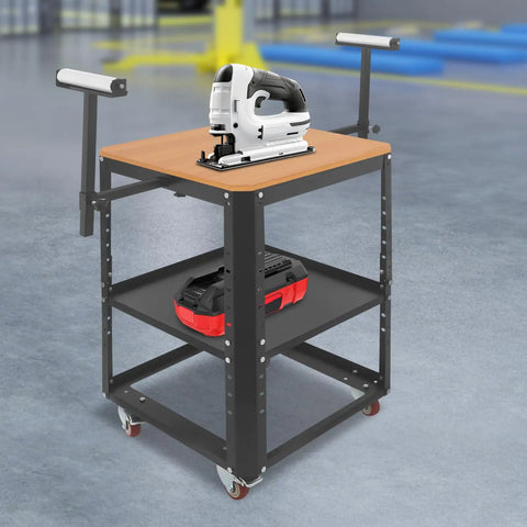 Built Tough Rolling Planer Stand With 550 Lb Capacity Height Adjustable Tool Cart features a jigsaw on a wooden top and storage sections.
