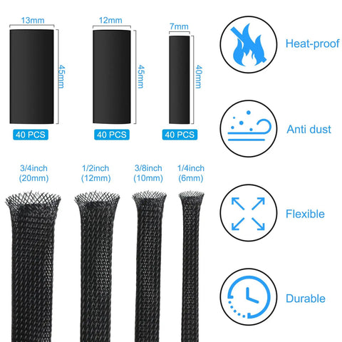 Expandable Braided Cable Sleeve Kit With 65.6 Ft Total Length, Four 16.4 Ft Rolls, Four Sleeve Sizes, Heat Shrink Tubing, Black