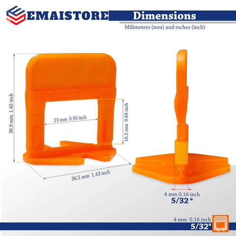 Pro Grade Tile Leveling System With 600 Spacers, 4 mm Leveling Clips dimensions and side view.