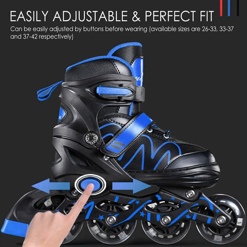 Adjustable Light Up Inline Skates for Kids and Adults shown with finger adjusting size buttons.
