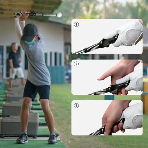 Golfer uses Retractable Golf Swing Trainer with Arm Band for instant feedback. Close-up on ergonomic grip and posture correction.