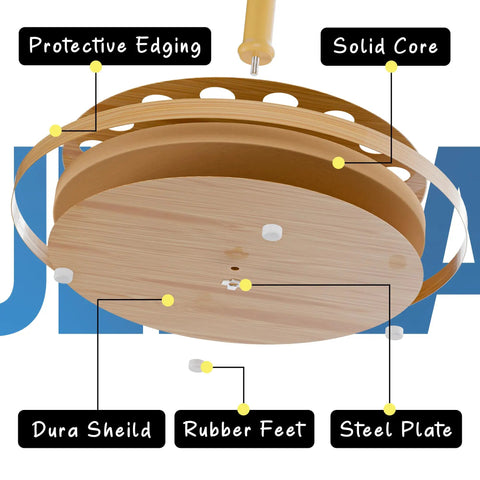 Bottom view of Round 16 Rod Storage Rack with wood post, showing protective edging, solid core, rubber feet, and steel plate.