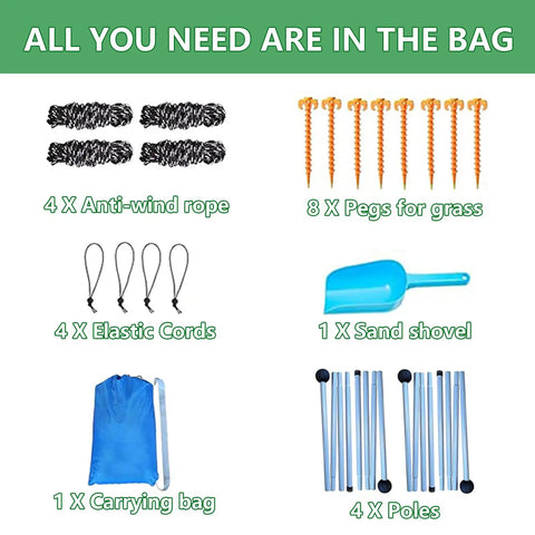 Big Beach Canopy Sun Shelter 11 By 11 Feet UPF Fifty Plus accessories including ropes, pegs, cords, shovel, bag, and poles