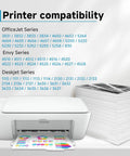 Printer compatibility list next to a DeskJet printer with a stack of paper, showing use of 63XL Black And Color Ink Cartridge Combo Pack