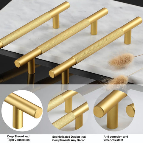 Gold knurled cabinet handles with deep thread and tight connection, sophisticated design, and anti-corrosion features on display.