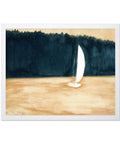 Sailboat And Landscape Illustration Print Set In White Frame - Abstract Seascape Poster With Ocean And Land Watercolor, Minimalist 8x10 Wall Art For Home Decor, Ready To Hang, showing sailboat on ocean with land in background.
