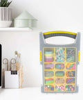 Front view of a yellow and black Set Of Four Plastic Clear Top Tool And Parts Organizer Box Set for crafts, with visible contents