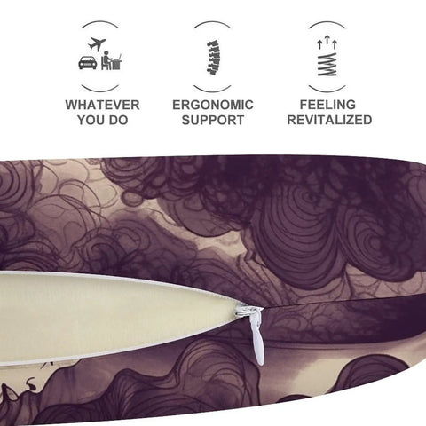 Close-up of U Shaped Memory Foam Travel Neck Pillow for Black Women with Afro textured hair showing zip cover with ergonomic support icons.